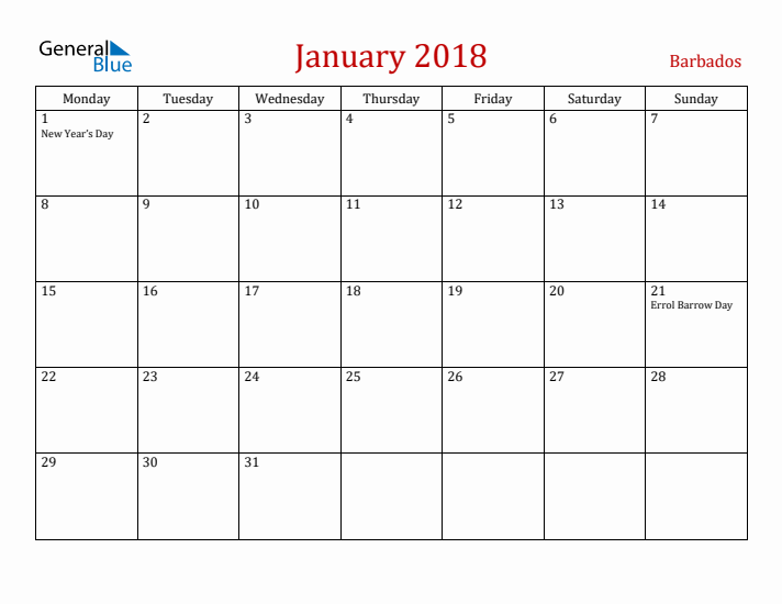 Barbados January 2018 Calendar - Monday Start