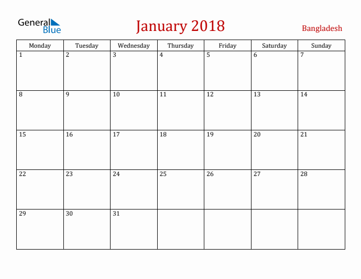 Bangladesh January 2018 Calendar - Monday Start