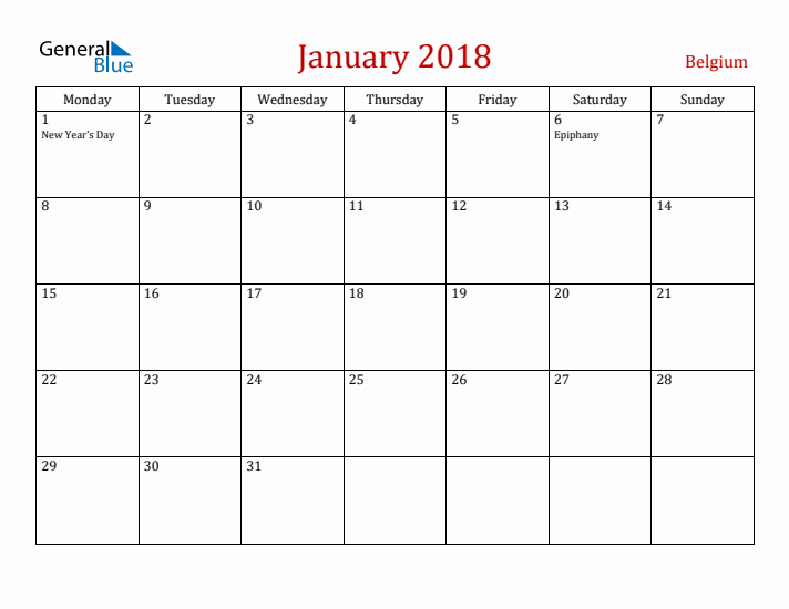 Belgium January 2018 Calendar - Monday Start