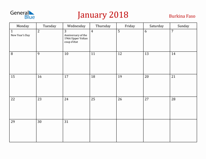 Burkina Faso January 2018 Calendar - Monday Start