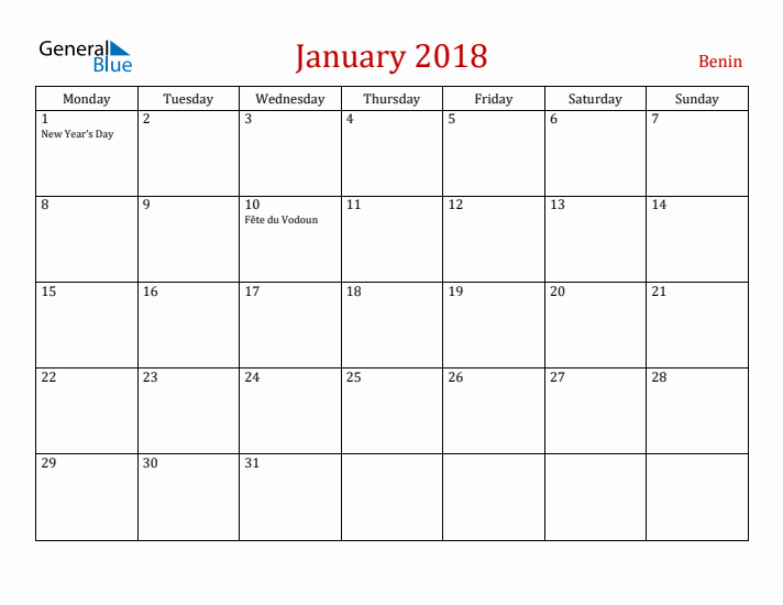 Benin January 2018 Calendar - Monday Start
