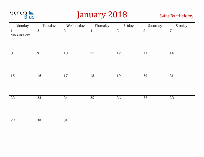 Saint Barthelemy January 2018 Calendar - Monday Start