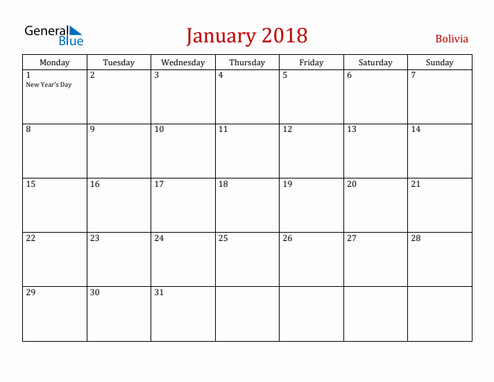 Bolivia January 2018 Calendar - Monday Start