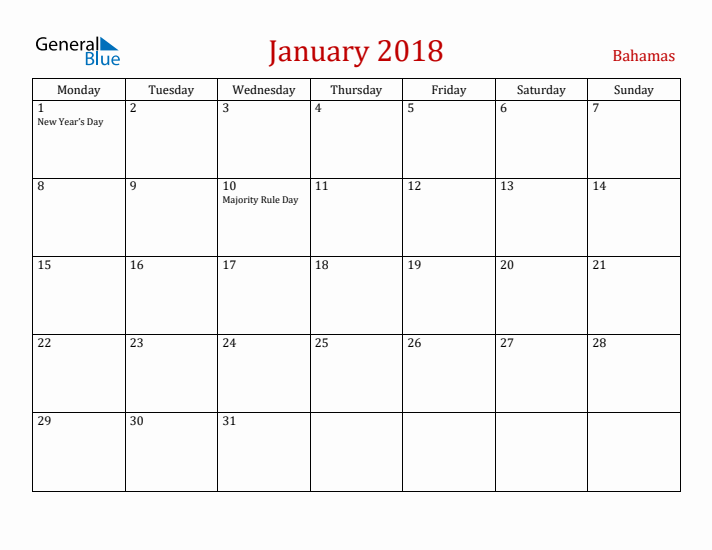 Bahamas January 2018 Calendar - Monday Start