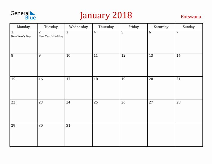 Botswana January 2018 Calendar - Monday Start
