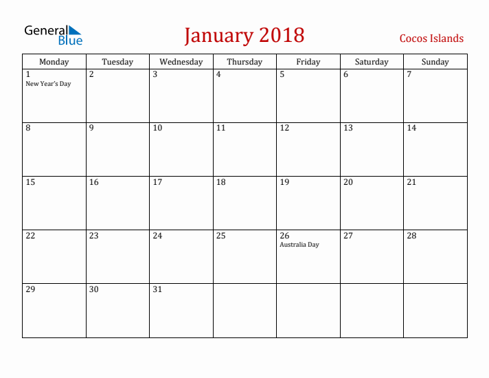 Cocos Islands January 2018 Calendar - Monday Start