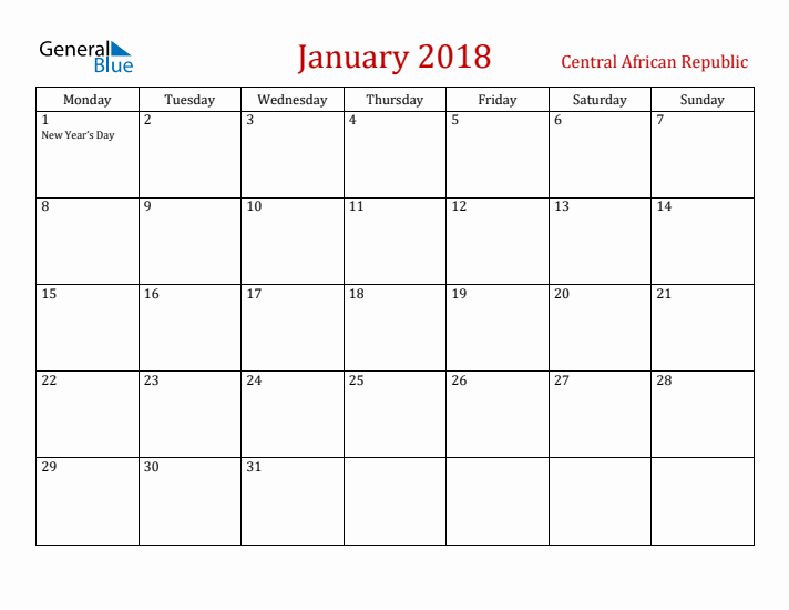 Central African Republic January 2018 Calendar - Monday Start