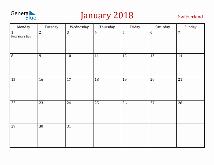 Switzerland January 2018 Calendar - Monday Start