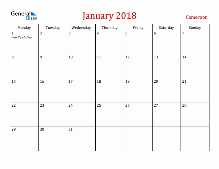 Cameroon January 2018 Calendar - Monday Start