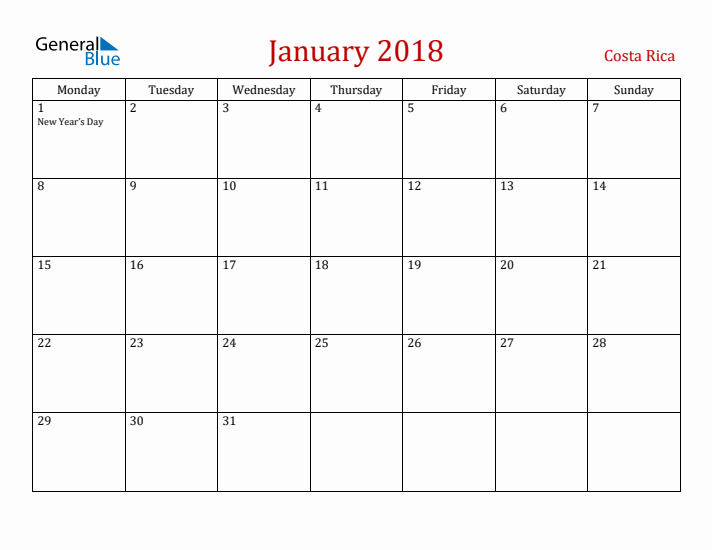 Costa Rica January 2018 Calendar - Monday Start