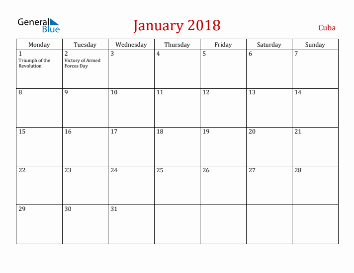 Cuba January 2018 Calendar - Monday Start
