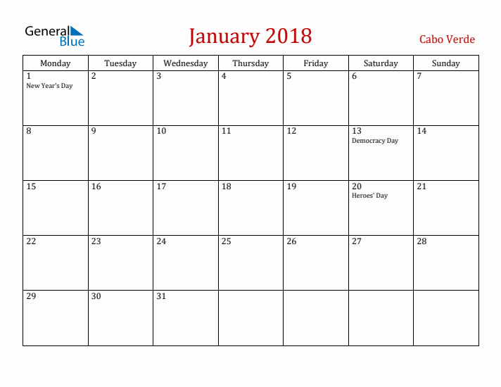 Cabo Verde January 2018 Calendar - Monday Start