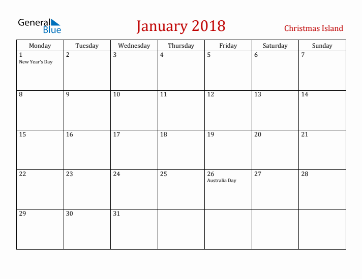 Christmas Island January 2018 Calendar - Monday Start
