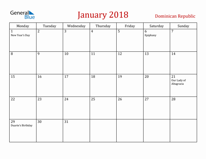 Dominican Republic January 2018 Calendar - Monday Start