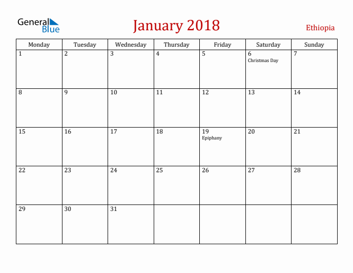 Ethiopia January 2018 Calendar - Monday Start