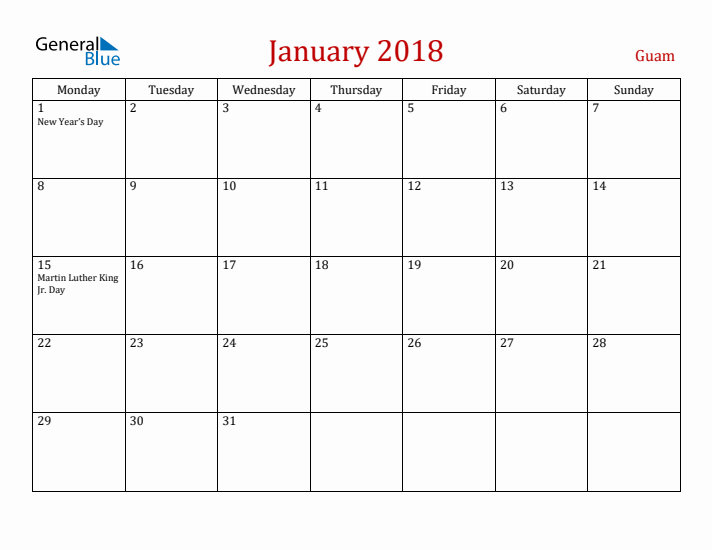 Guam January 2018 Calendar - Monday Start