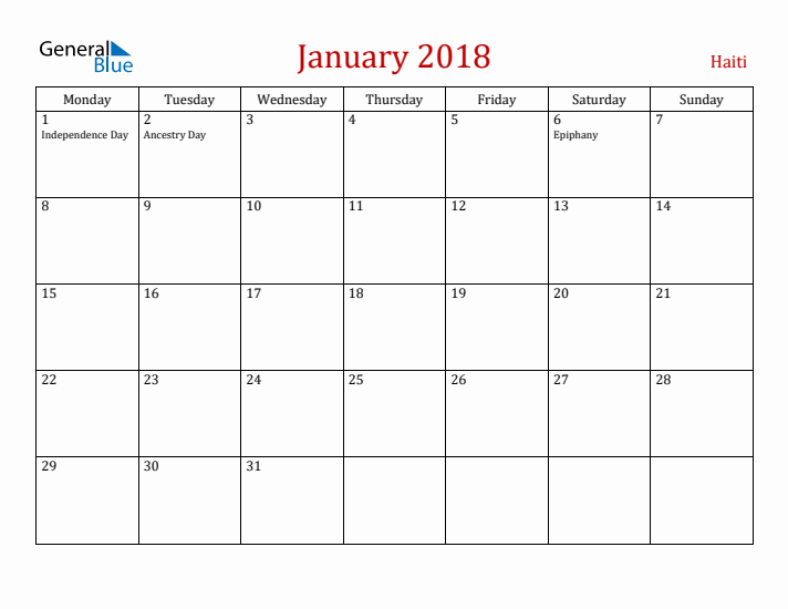 Haiti January 2018 Calendar - Monday Start
