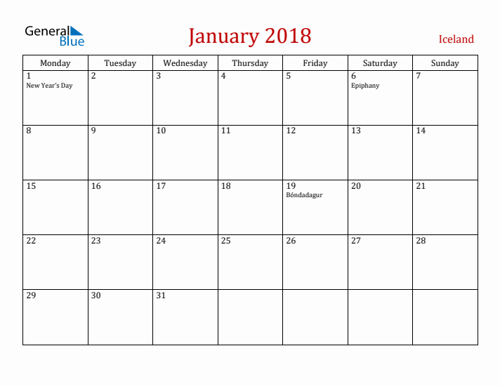 Iceland January 2018 Calendar - Monday Start