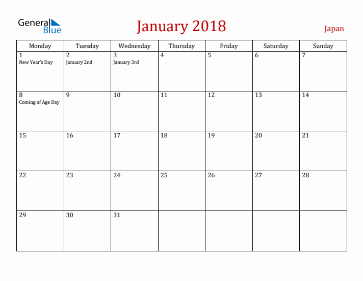 Japan January 2018 Calendar - Monday Start