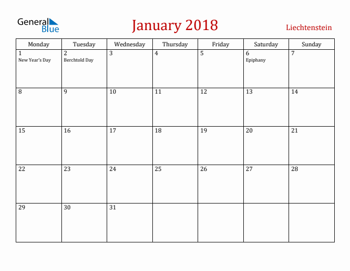 Liechtenstein January 2018 Calendar - Monday Start