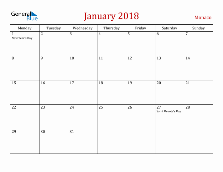Monaco January 2018 Calendar - Monday Start