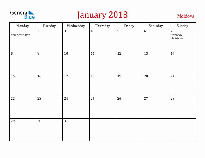 Moldova January 2018 Calendar - Monday Start