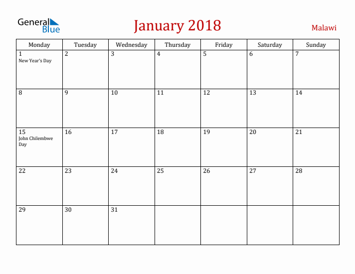 Malawi January 2018 Calendar - Monday Start