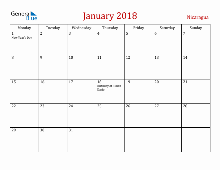 Nicaragua January 2018 Calendar - Monday Start