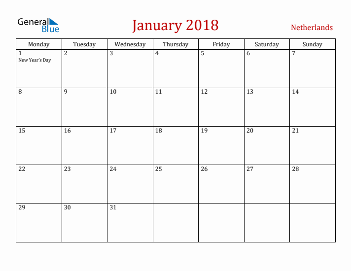 The Netherlands January 2018 Calendar - Monday Start