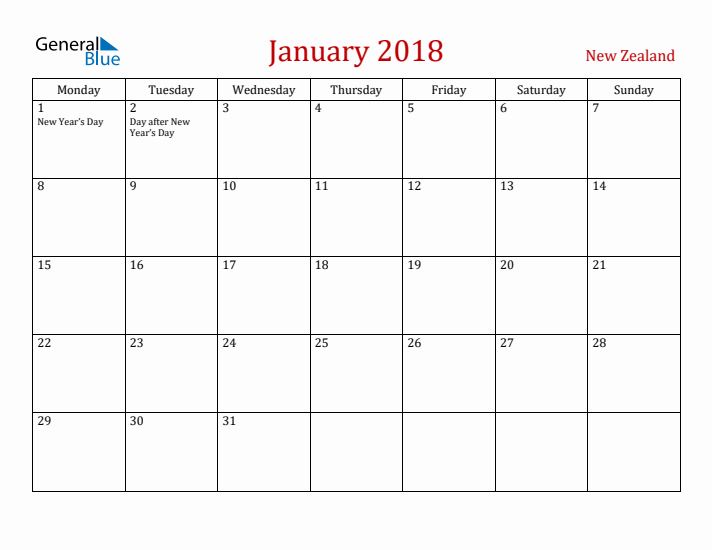 New Zealand January 2018 Calendar - Monday Start