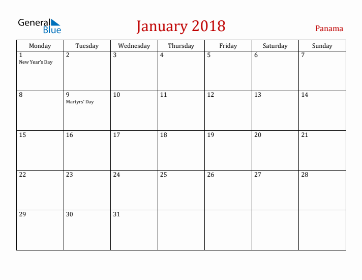 Panama January 2018 Calendar - Monday Start