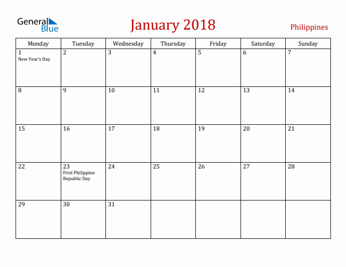 Philippines January 2018 Calendar - Monday Start