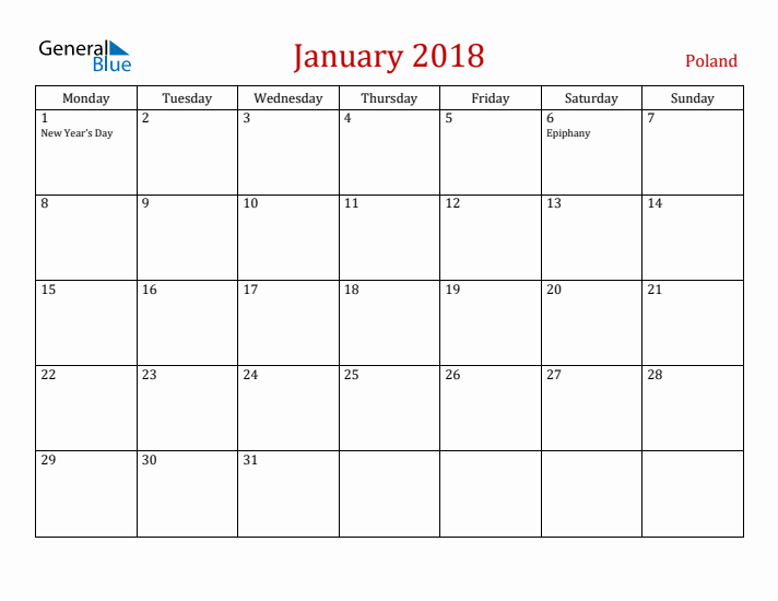Poland January 2018 Calendar - Monday Start