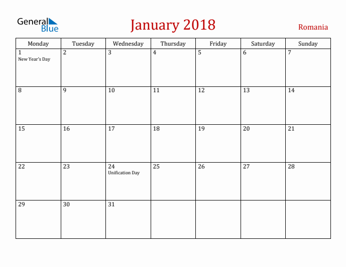 Romania January 2018 Calendar - Monday Start