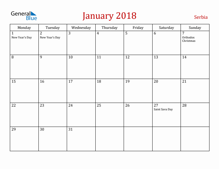 Serbia January 2018 Calendar - Monday Start