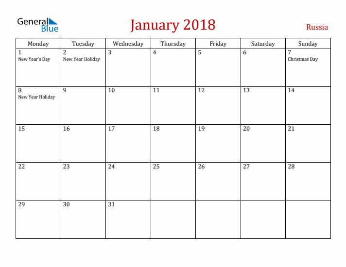 Russia January 2018 Calendar - Monday Start