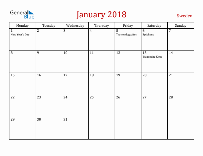 Sweden January 2018 Calendar - Monday Start