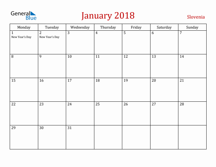 Slovenia January 2018 Calendar - Monday Start