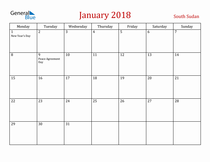 South Sudan January 2018 Calendar - Monday Start
