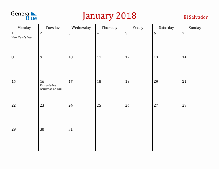 El Salvador January 2018 Calendar - Monday Start