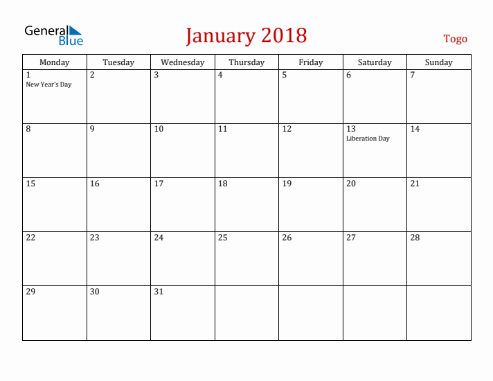 Togo January 2018 Calendar - Monday Start