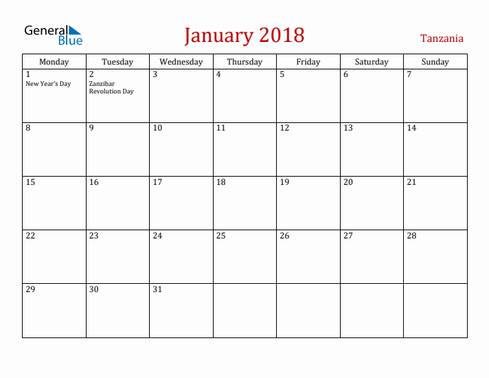 Tanzania January 2018 Calendar - Monday Start