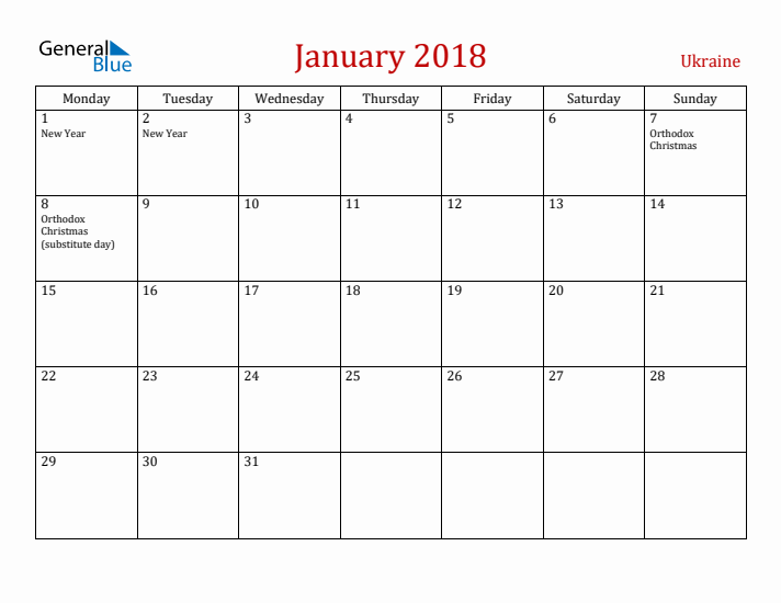 Ukraine January 2018 Calendar - Monday Start