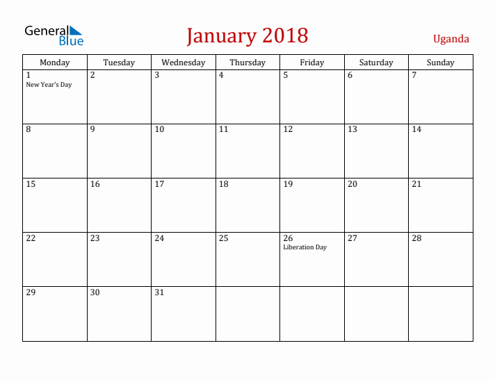 Uganda January 2018 Calendar - Monday Start