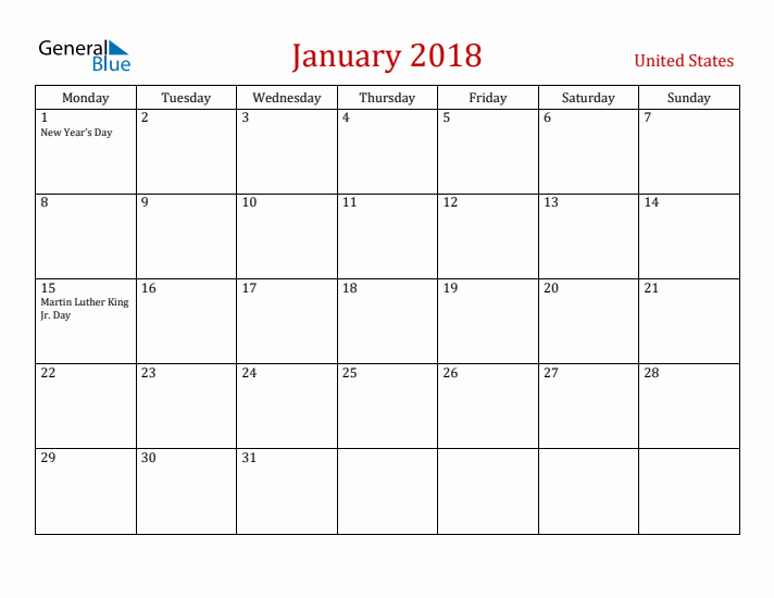United States January 2018 Calendar - Monday Start