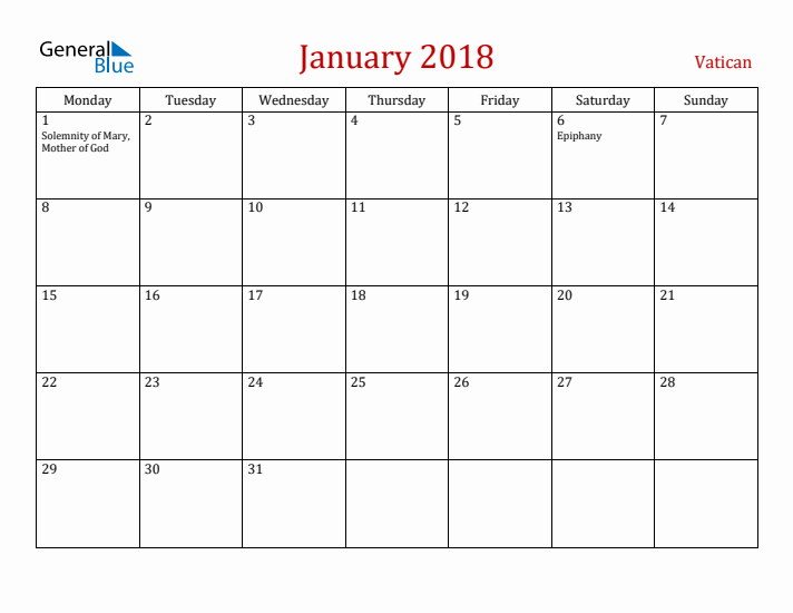 Vatican January 2018 Calendar - Monday Start