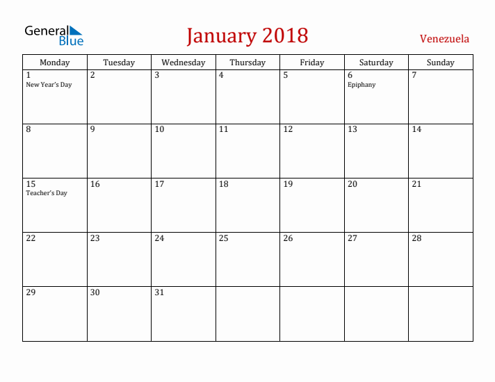 Venezuela January 2018 Calendar - Monday Start
