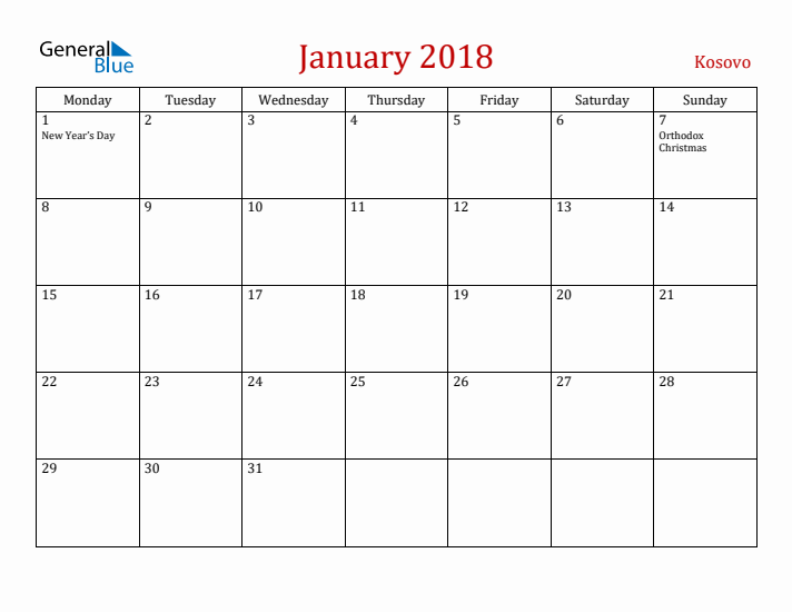 Kosovo January 2018 Calendar - Monday Start
