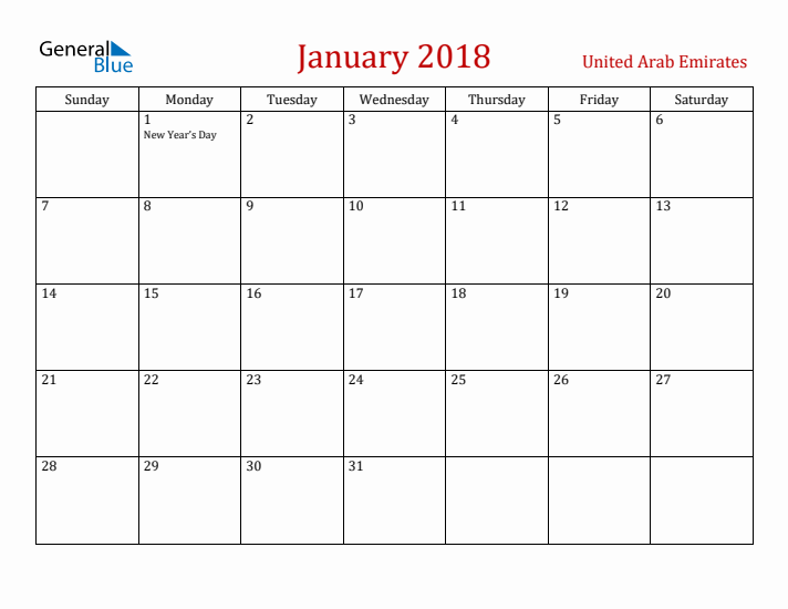 United Arab Emirates January 2018 Calendar - Sunday Start