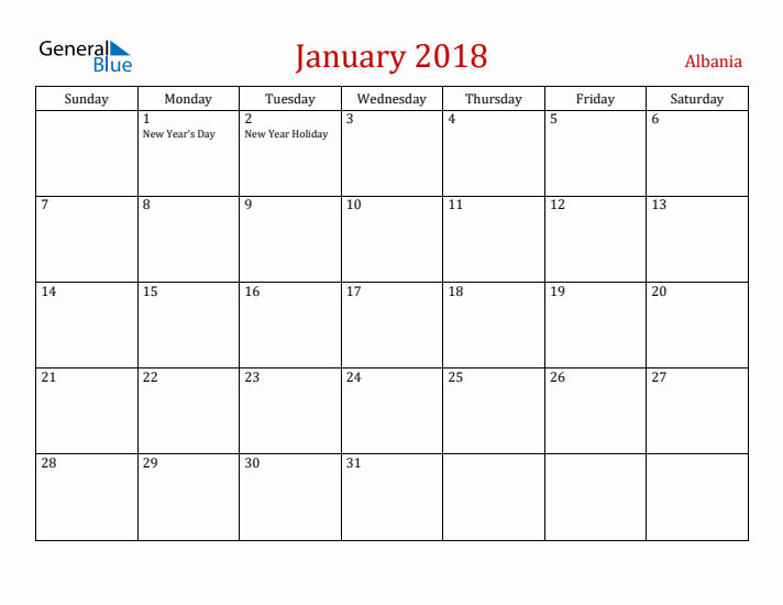 Albania January 2018 Calendar - Sunday Start